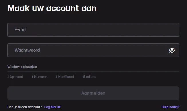 Snel formulier om een spelersaccount aan te maken
